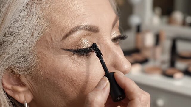 Woman Applying Black Mascara to Eyelashes - Close-up overhead shot of a woman with grey hair applying black mascara to her eyelashes. She has subtle gold eyeshadow and black eyeliner.