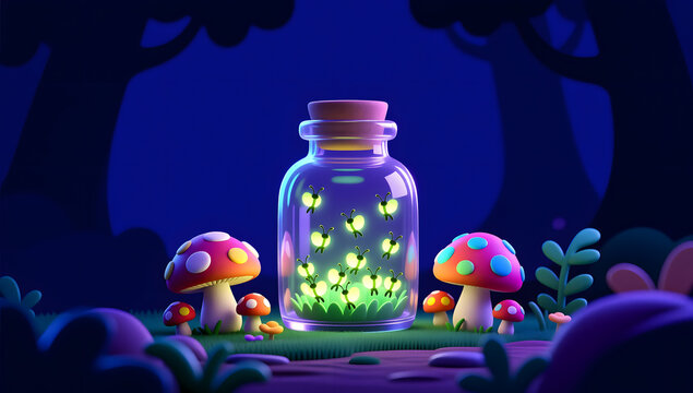 Summer night forest fireflies fantasy glass jar scene