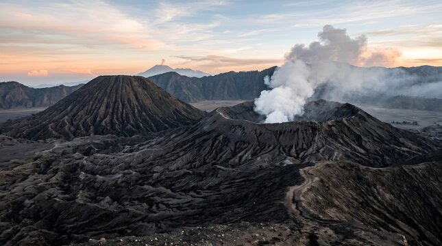 A detailed shot of the dark, textured volcanic ridges of Mount Bromo's crater actively emitting a dense plume of white smoke and ash into the sky.