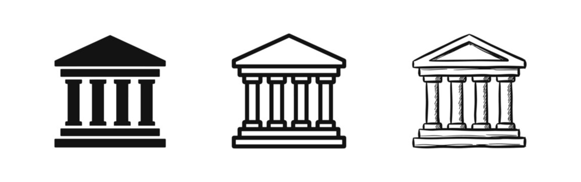 Classical Building Icons Representing Bank, Museum, Government, or Institution
