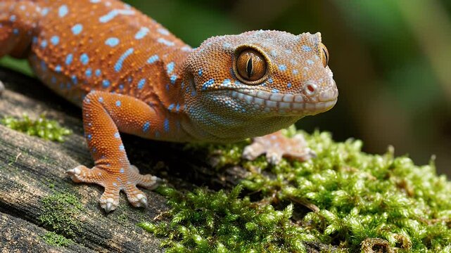 Close-up Gecko on Mossy Wood Texture - A detailed close-up shot showcases a vibrant gecko with striking orange and blue patterns resting on a piece of wood covered in lush green moss.