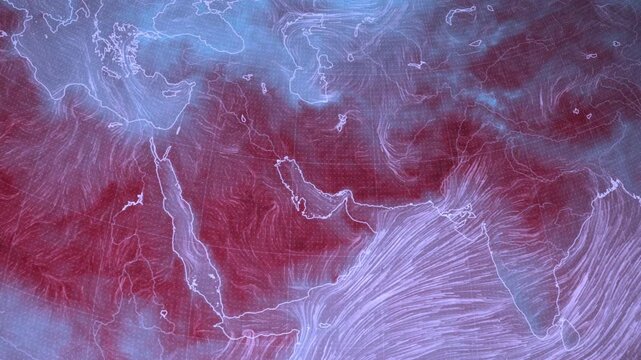 Dynamic heat wave anomaly over the Middle East and Arabian Peninsula shown as a camera shot of a computer screen with pixels visible featuring atmospheric wind flow climate data and extreme weather vi