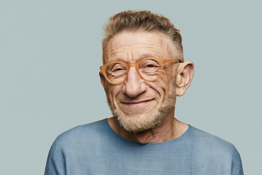Smiling senior man wearing tea rose blush eyeglasses, featuring a cozy luminous glow and visible skin texture for eyewear and lifestyle concepts