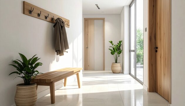 Modern entryway interior with wooden bench, coat rack, potted plants, and bright natural light