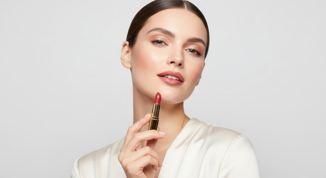Woman applying red lipstick close-up portrait