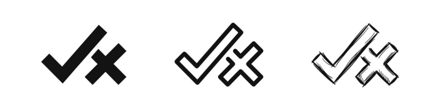 Checkmark and X mark icon set for approval, denial, correctness, and incorrectness in various styles.