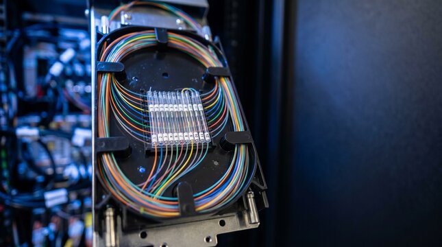 Fiber Optic Cable Splice Tray Inside A High Capacity Data Center Server Rack Cabinet