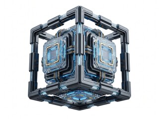 Fototapeta premium Futuristic Quantum Computer Core with Glowing Blue Circuits and Metallic Structure on White Background