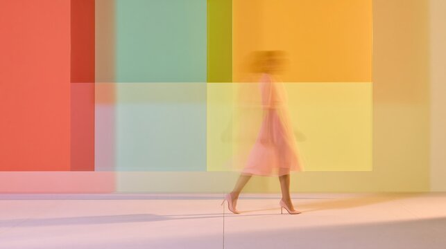 Blurry figure of a woman walking in front of a colorful block wall, showing motion with a ghosted effect and airy aesthetic for editorial design