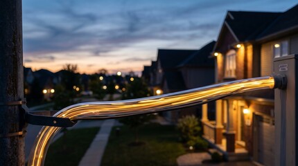 Fototapeta premium Glowing Reflective Streetlight Arm Overlooking a Suburban Neighborhood at Dusk