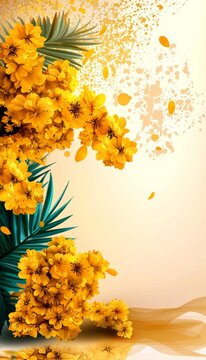 Vibrant watercolor illustration of a Happy Vishu card featuring konna flowers.