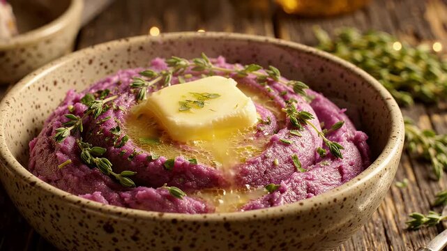 Creamy Purple Mashed Potatoes with Melting Butter and Herbs in Rustic Bowl - A rustic bowl overflowing with vibrant purple mashed potatoes, topped with a generous pat of melting butter and fresh herb