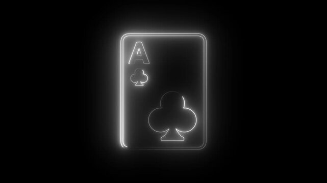 Neon glowing ace of clubs playing card animation on black background, light