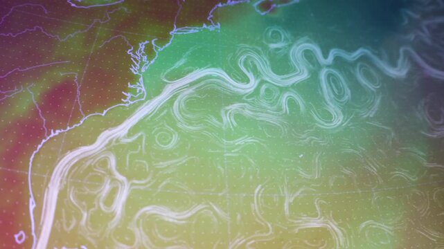 Dynamic Gulf Stream anomaly visualization near the USA East Coast camera shot of a computer screen with pixels visible showing oceanic and atmospheric flow for climate weather science environmental an