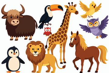 Naklejka premium Wide variety of colorful cartoon animals including a lion, giraffe, horse, penguin, toucan, owl, and yak for children's content.