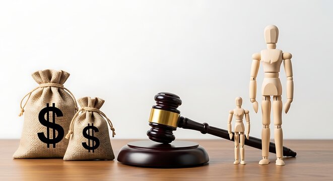 Two burlap money bags with dollar signs a gavel and two wooden mannequins on a table