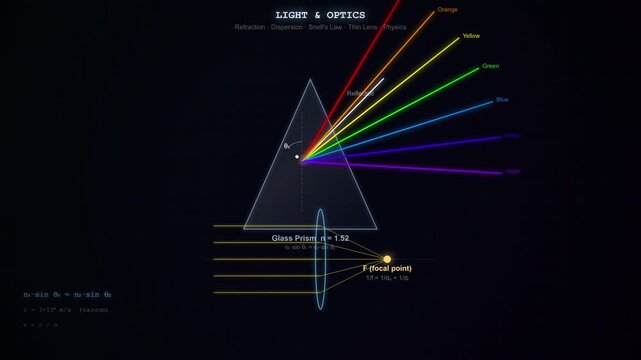 Light Refraction Through Glass Prism Animation Showing Spectrum Dispersion and Snell Law Physics