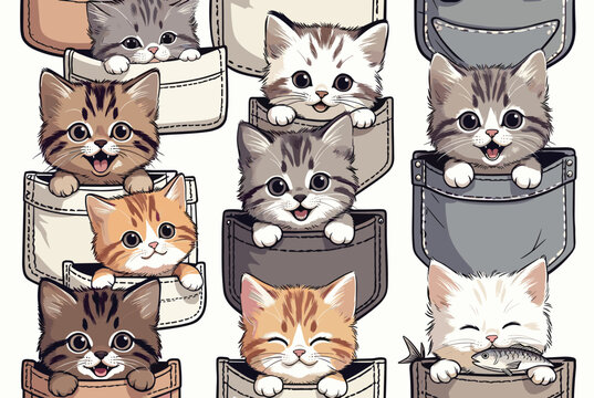 Adorable seamless pattern of cute kittens of different breeds peeking out from denim pockets with playful and happy expressions.