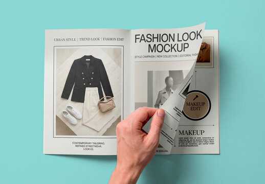 Blank magazine spread mockup with page turning