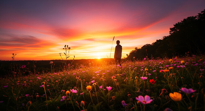 Man silhouette in a vibrant wildflower field at sunset with a beautiful and dramatic sky