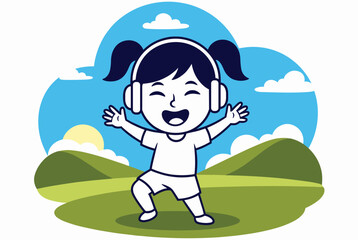 Fototapeta premium Happy young girl wearing headphones and dancing joyfully in a green landscape with hills and a bright sun in the background.