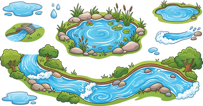 Cartoon river and pond vector set with flowing water streams rocks trees and aquatic plants elements