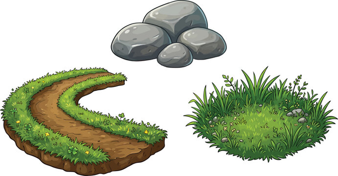Cartoon game assets featuring a curved dirt path, a patch of green grass, and a pile of rocks