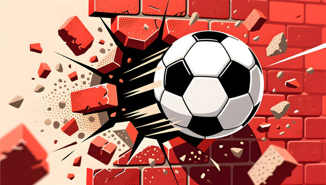 Football shattering a red brick wall with incredible power for World Cup