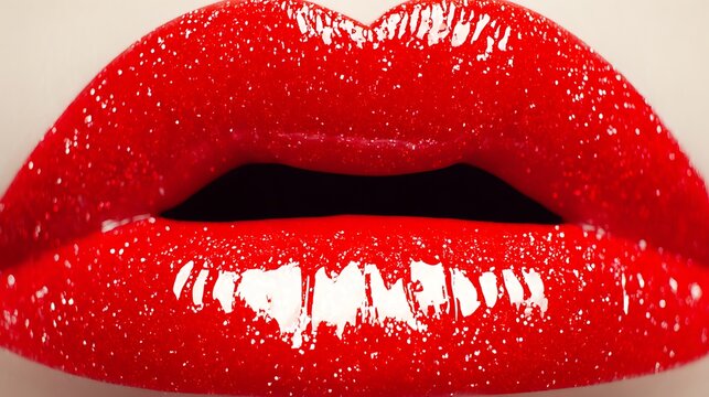 A close-up of glossy red lips with shimmering lipstick detail