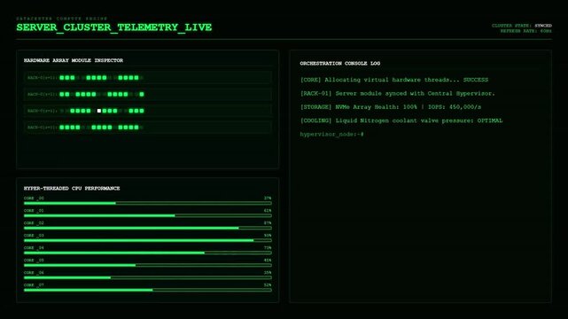 Server Cluster Telemetry Live Datacenter Rack Hardware CPU Hypervisor NVMe Cooling Network Dashboard Animation.