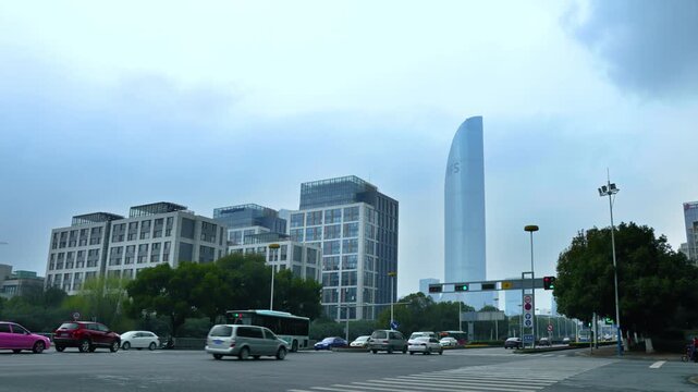 Modern city intersection with Changsha IFS tower and office buildings in Changsha, China in Changsha, Hunan, China
