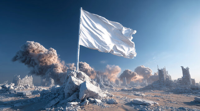 Single white flag waves amidst digital landscape of smoking ruins and broken icons, symbolizing reporting and community alert. scene conveys sense of desolation and warning