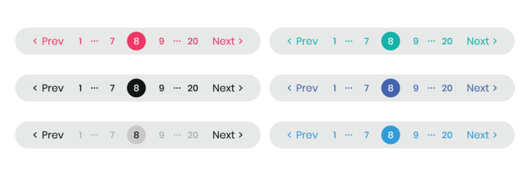 Pagination navigation bars with page numbers and previous next isolated on transparent background