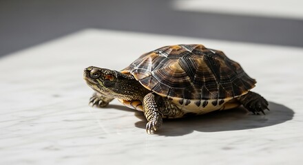 Obraz premium Small turtle on white surface.