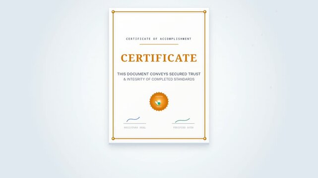 Modern 2D motion graphic of an accomplishment certificate with a gold seal and green checkmark. Great for e-learning graduation, compliance, and secure data verification videos