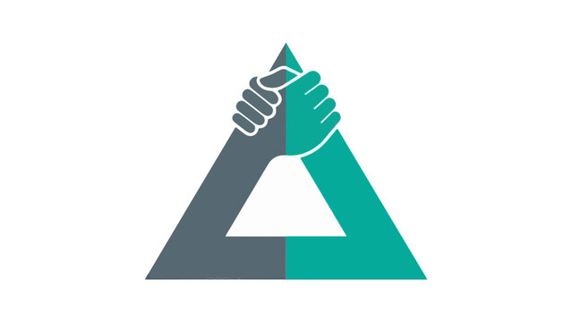 Fist bump gesture framed inside a teal equilateral triangle on a plain white surface conveys teamwork and camaraderie.