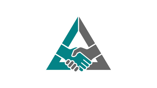 Handshake symbol enclosed within a teal equilateral triangle on a clean white background signifies partnership and collaboration.
