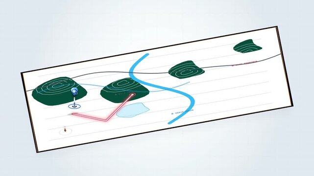 2D topographic map tracking a path from a blue pin to a red marker across contour hills and rivers. Perfect for travel apps, GPS navigation, and logistics tracking loops. Loop asset.
