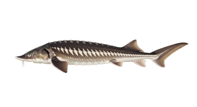 Large sturgeon fish swimming through deep river water showcasing unique bone plates and sharp fins in a natural display of prehistoric aquatic life forms found within freshwater habitats