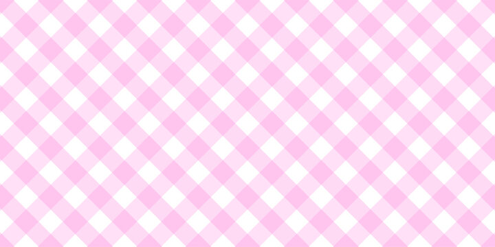 Pink and white gingham checkered pattern background, classic seamless table cloth texture, vector geometric plaid fabric design for kitchen, picnic, and fashion backdrop.