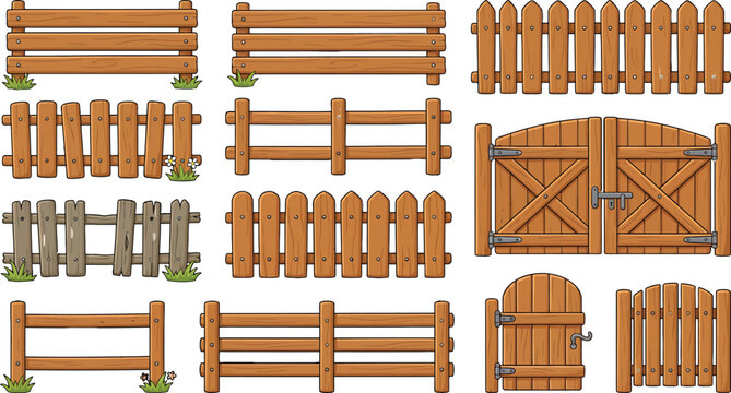 Set of wooden fences and gates for garden design isolated on white background in vector illustration style