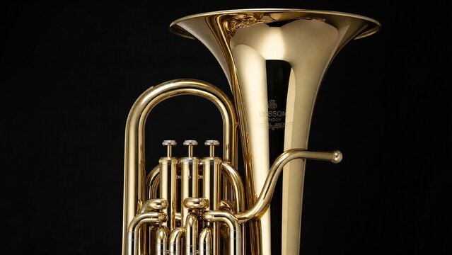 A polished brass euphonium, close-up on its bell and valve section.