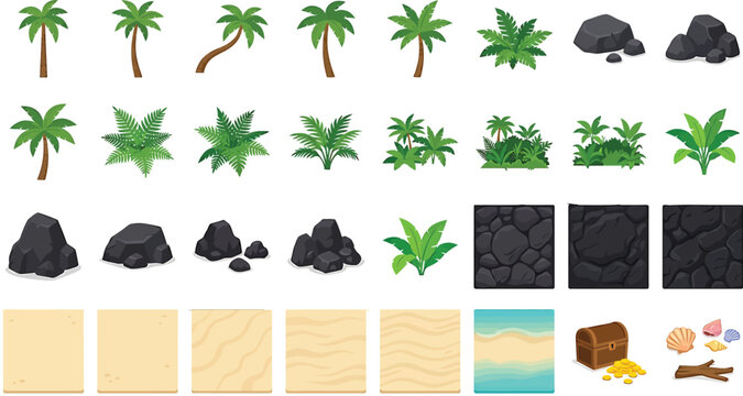 Tropical island game assets set with palm trees, rocks, sand textures, and treasure chest vector illustration