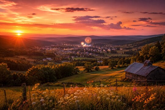 A high-angle landscape view of brilliant white fireworks bursting over a small country town nestled in a rolling green valley at dusk.