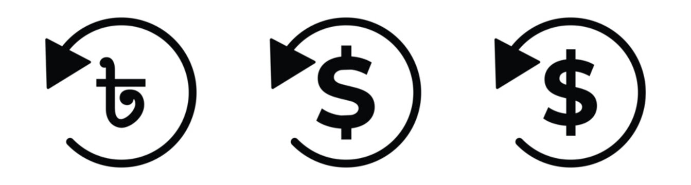 Refund and Cashback Icon Set Vector, Money Return and Chargeback Symbols, Financial Cash Flow and Currency Icons Isolated on Transparent Background 