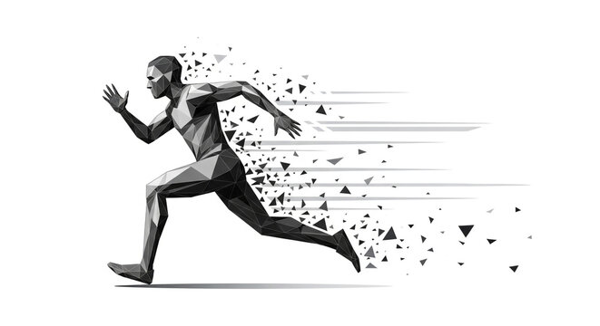 Abstract low poly geometric runner sprinting with speed lines and fragmenting particles on white background