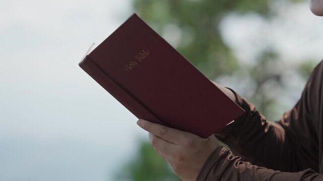 Close-up of a person holding the Holy Bible for daily bible study in a peaceful green park.	
