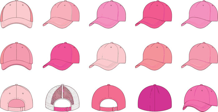 Pink Baseball Cap Collection Set with Multiple Shades, Front and Back Views of Cute Girly Snapback Hats for Fashion Design