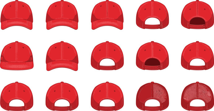 Red Baseball Cap Back View Collection Set with Snapback and Strap Closure Designs for Sports and Fashion Apparel Templates