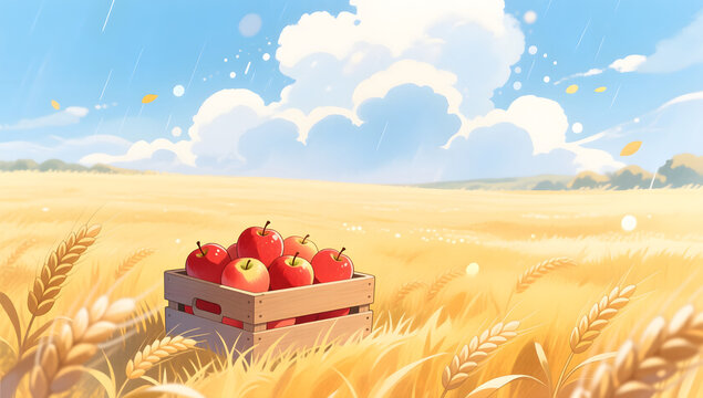 Liqiu solar term wheat field and apple harvest scene